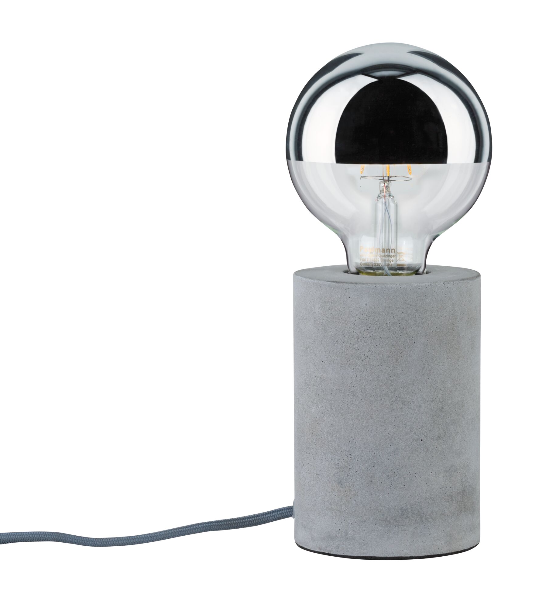 Moderne tafellamp met grijze betonnen voet en halfspiegelende lamp voor stijlvolle verlichting