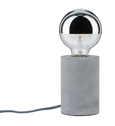 Modern table lamp with grey concrete base and half-mirrored bulb for stylish room lighting