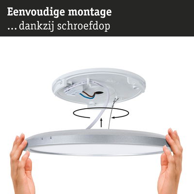 Montage van ronde LED-plafondlamp met zilveren rand en witte diffuser, eenvoudige schroefdopmontage
