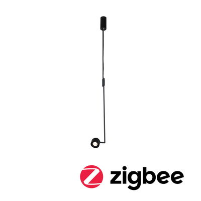 Black LED pendant light with slim design and Zigbee smart lighting compatibility.