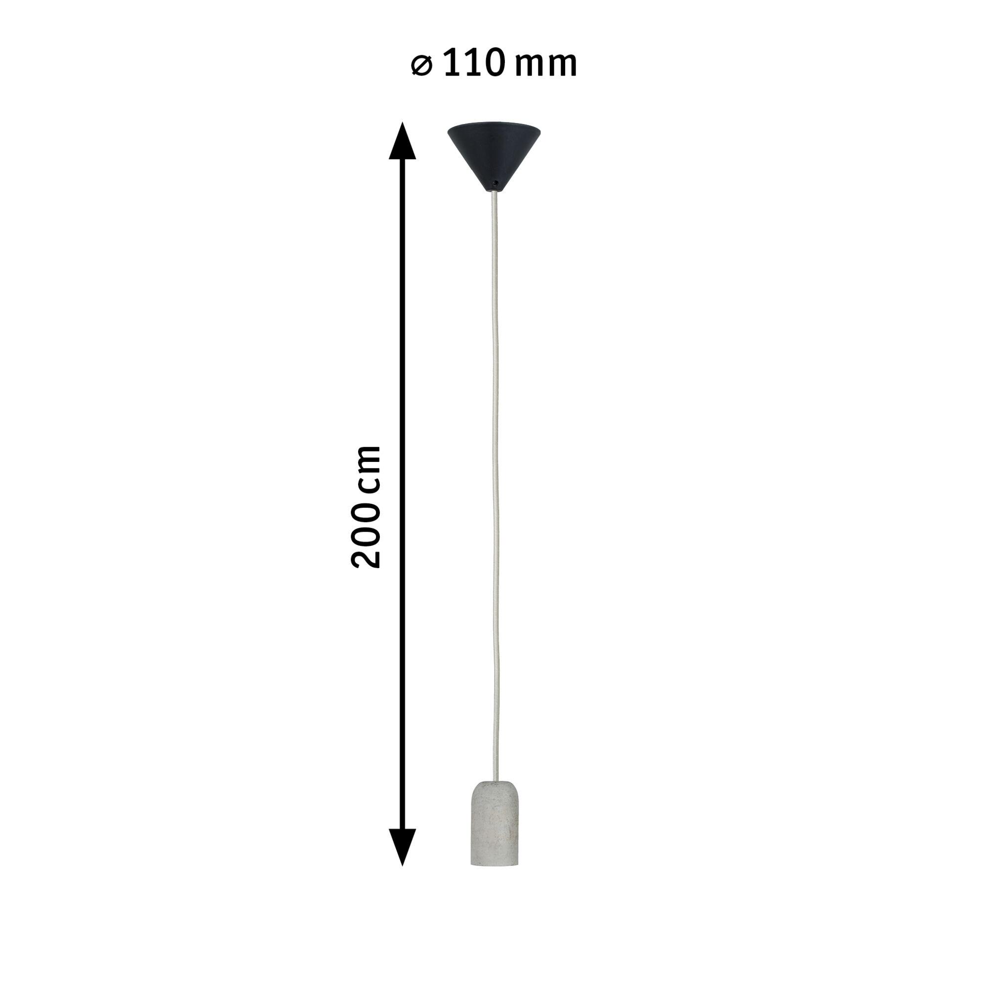 Hanglamp van grijs beton met zwarte plafondbevestiging en 200 cm kabel