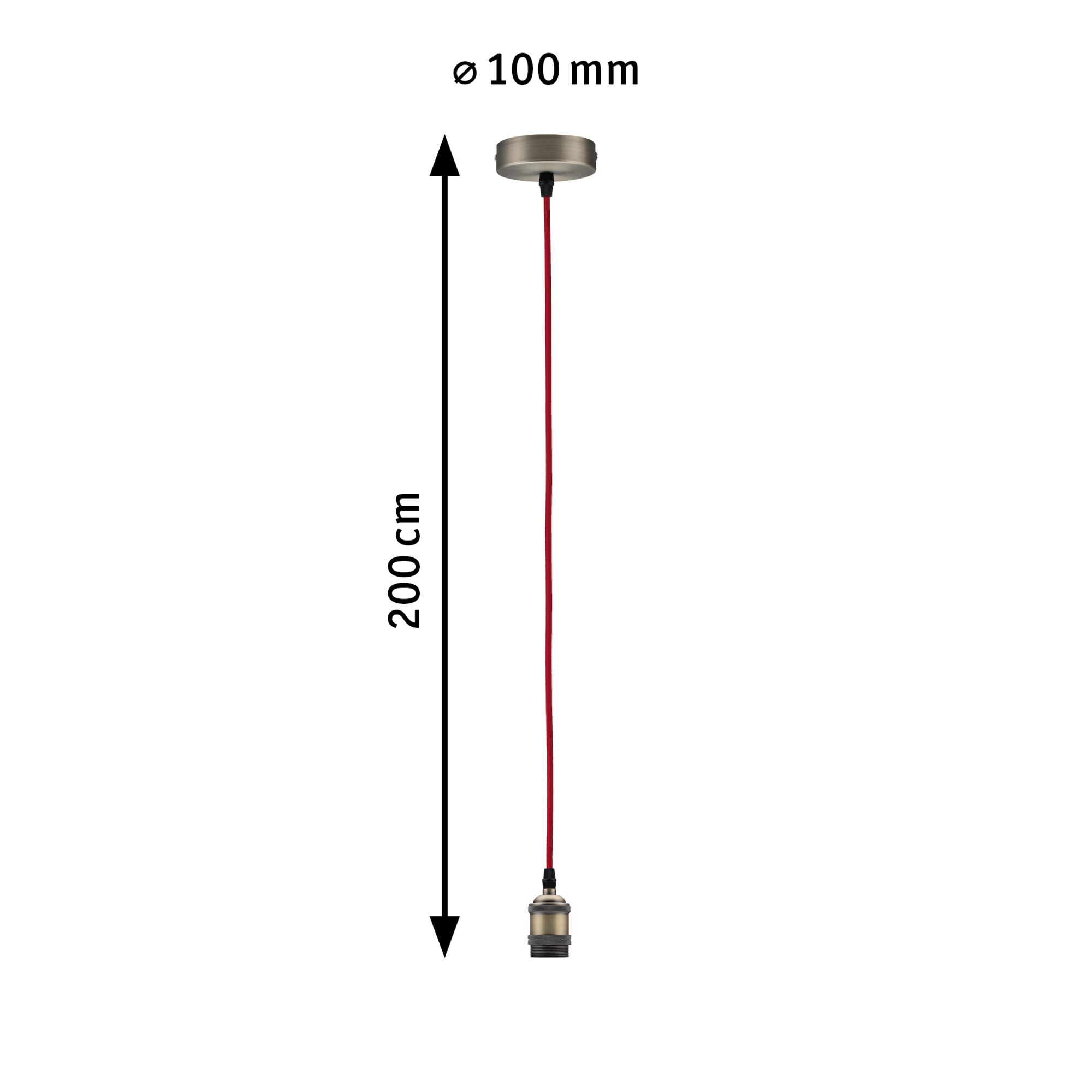 Hanglamp met rode kabel en messingkleurige metalen houder, lengte 200 cm, diameter 100 mm