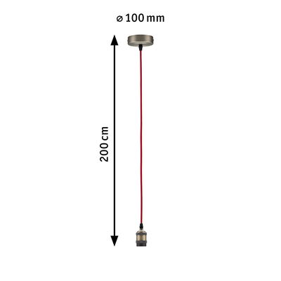 Hanglamp met rode kabel en messingkleurige metalen houder, lengte 200 cm, diameter 100 mm
