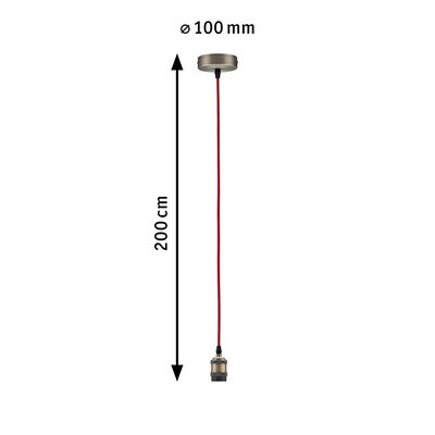 Pendant light with red cable and brass-colored metal holder, 200 cm length, 100 mm diameter