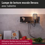 Lampe murale noire Devara avec abat-jour en métal et tablette, usage flexible en chambre ou cuisine