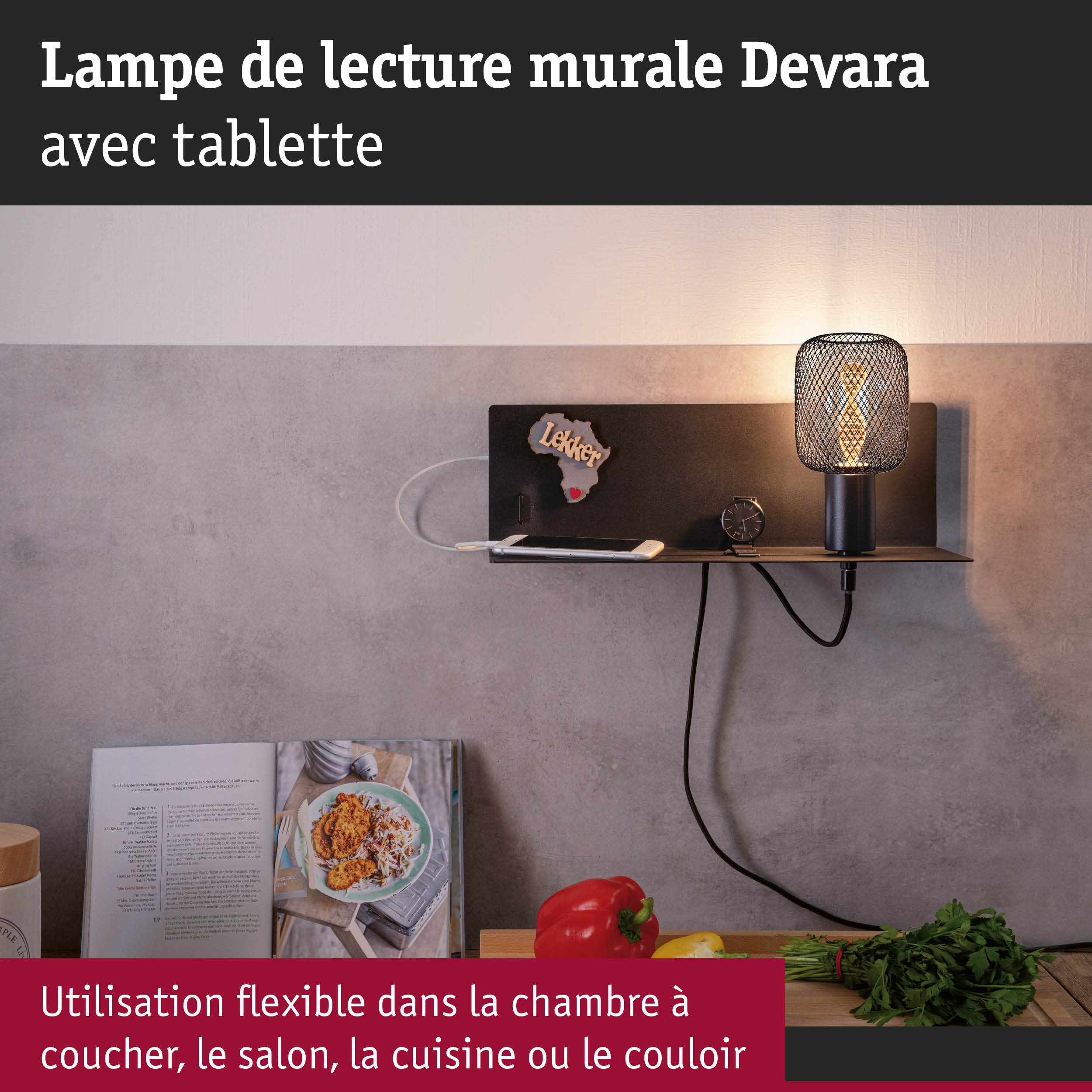 Lampe de lecture murale Devara avec grille métallique noire et tablette, éclairage flexible pour chambre et cuisine