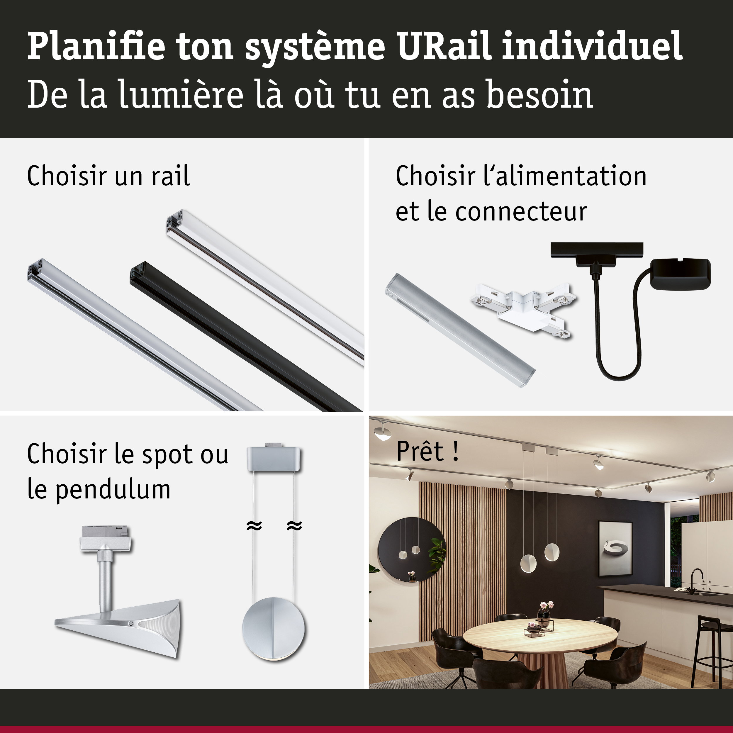 Système modulaire URail avec rails, connecteurs et spots pour un éclairage personnalisé