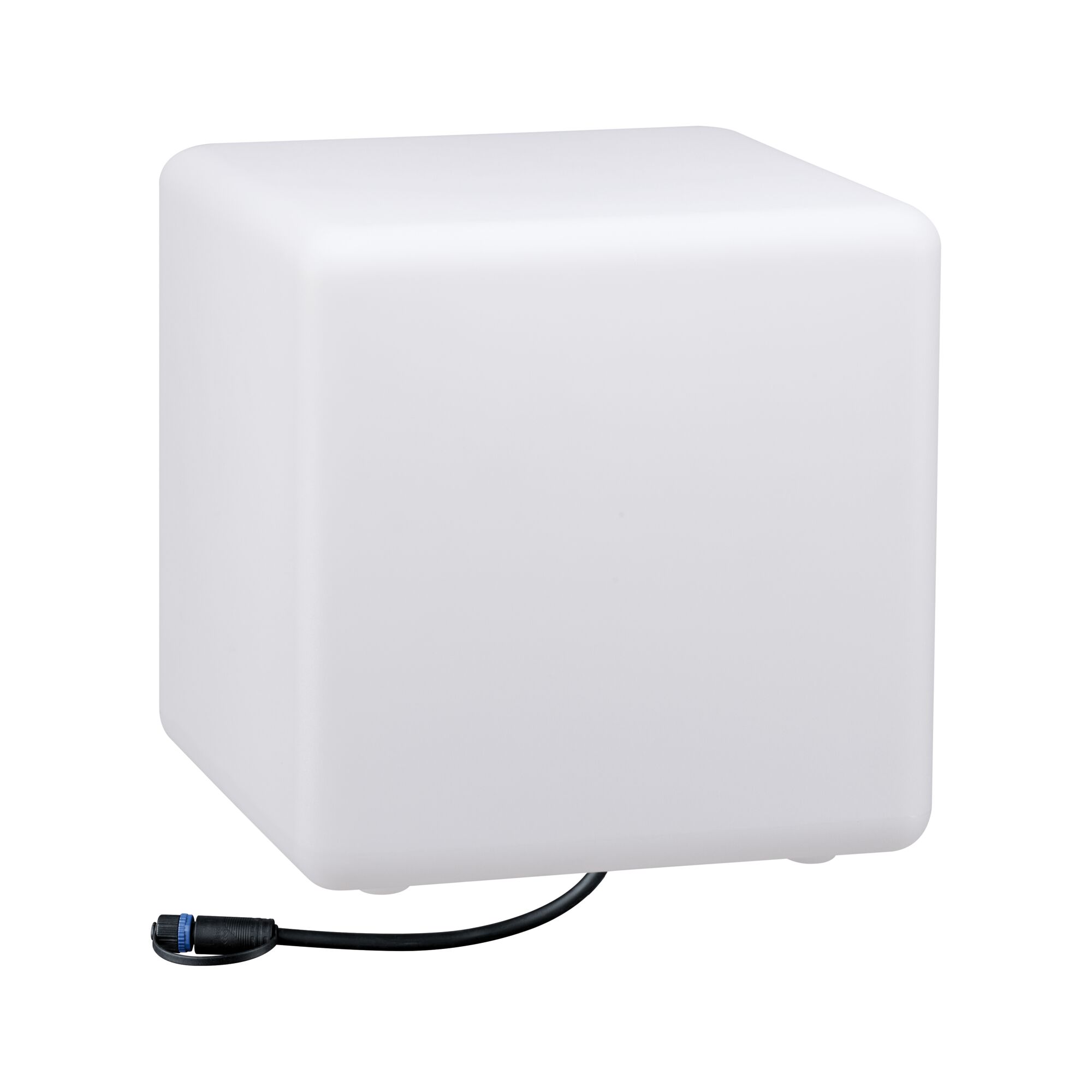 White square LED light cube made of plastic with black cable for outdoor lighting use