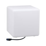 White square LED light cube made of plastic with black cable for outdoor lighting use