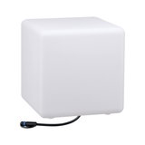 White square LED light cube made of plastic with black cable for outdoor lighting use