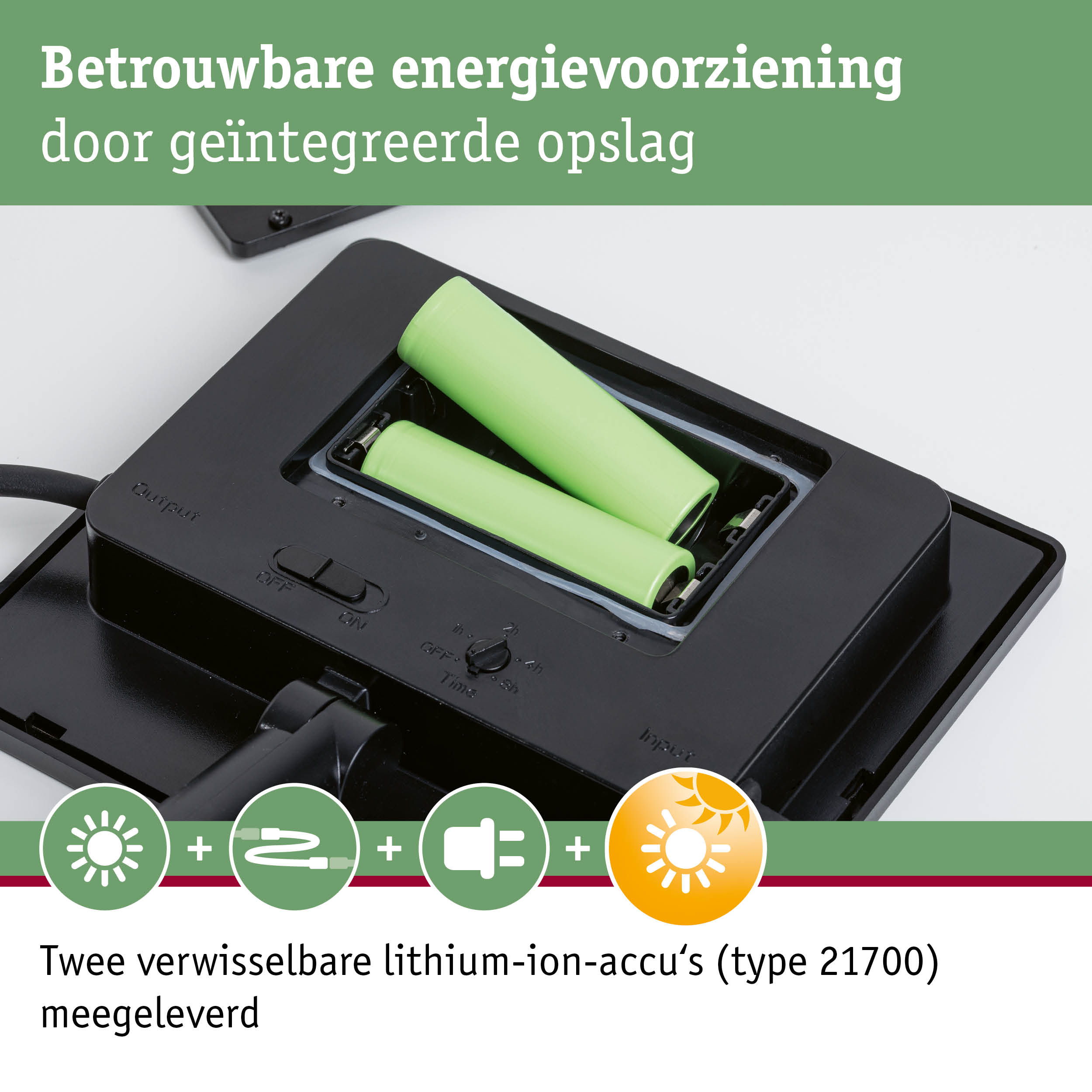 Zwarte oplader met twee groene lithium-ion accu's type 21700 voor betrouwbare energievoorziening