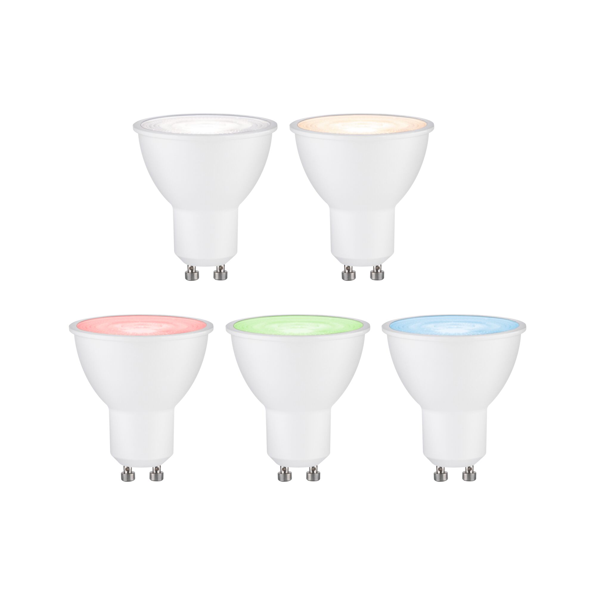 Vijf witte GU10 LED-lampen met verschillende kleurtemperaturen voor veelzijdige verlichting.