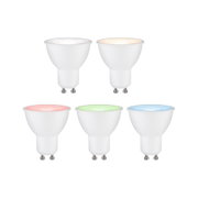 Cinq ampoules LED GU10 blanches avec différentes températures de couleur pour un éclairage polyvalent.