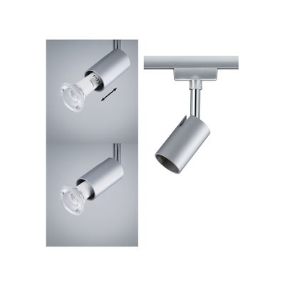 Moderne zilverkleurige metalen LED-spot met verstelbare kop voor railsystemen