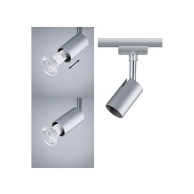 Moderner silberner LED-Strahler aus Metall mit verstellbarem Leuchtkopf für Schienensysteme