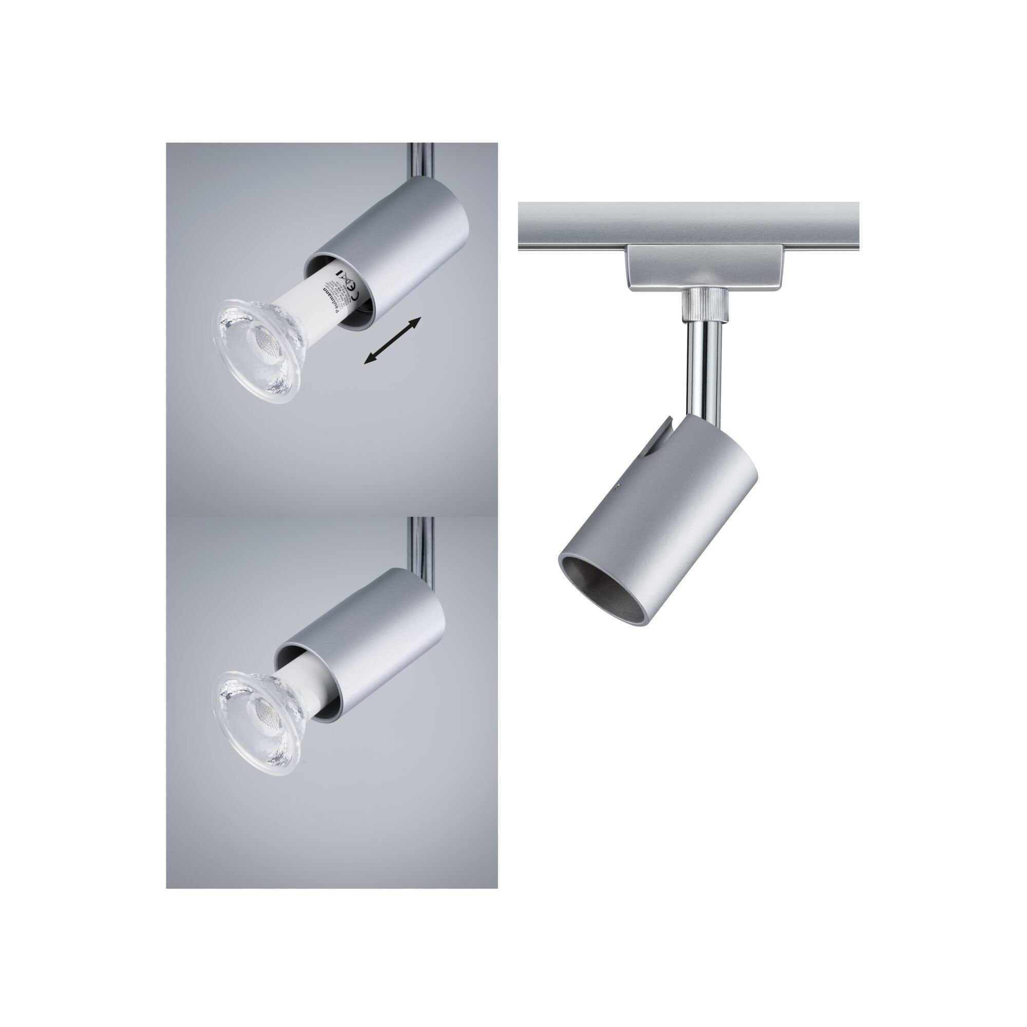 URail Kolejnicový reflektor Pure I Jednoduchý spot GU10 max. 10W stmívatelný 230V Matný chrom/Chrom Moderner silberner LED-Strahler aus Metall mit verstellbarem Leuchtkopf für Schienensysteme