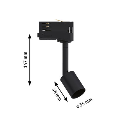 Schwarzer LED-Strahler aus Metall mit 35 mm Durchmesser und 147 mm Höhe für Schienensysteme