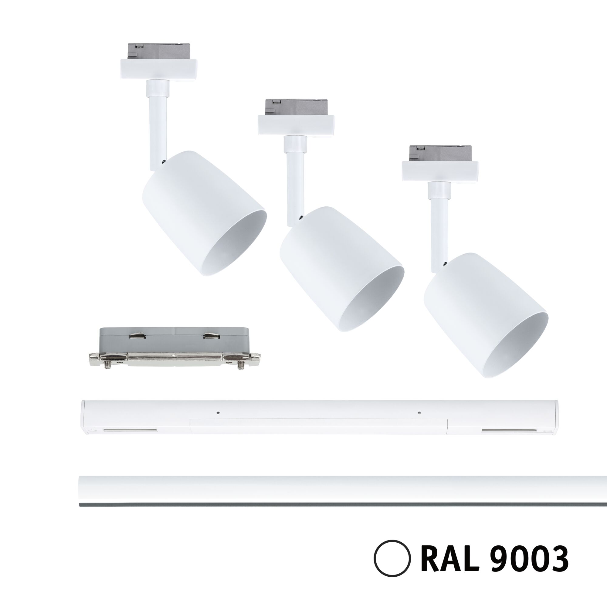Trois spots LED blancs avec adaptateur rail et accessoires en RAL 9003 pour systèmes d'éclairage flexibles