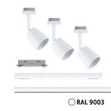Trois spots LED blancs avec adaptateur rail et accessoires en RAL 9003 pour systèmes d'éclairage flexibles