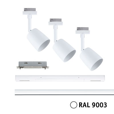 Three white LED spotlights with rail adapter and accessories in RAL 9003 for versatile lighting setups