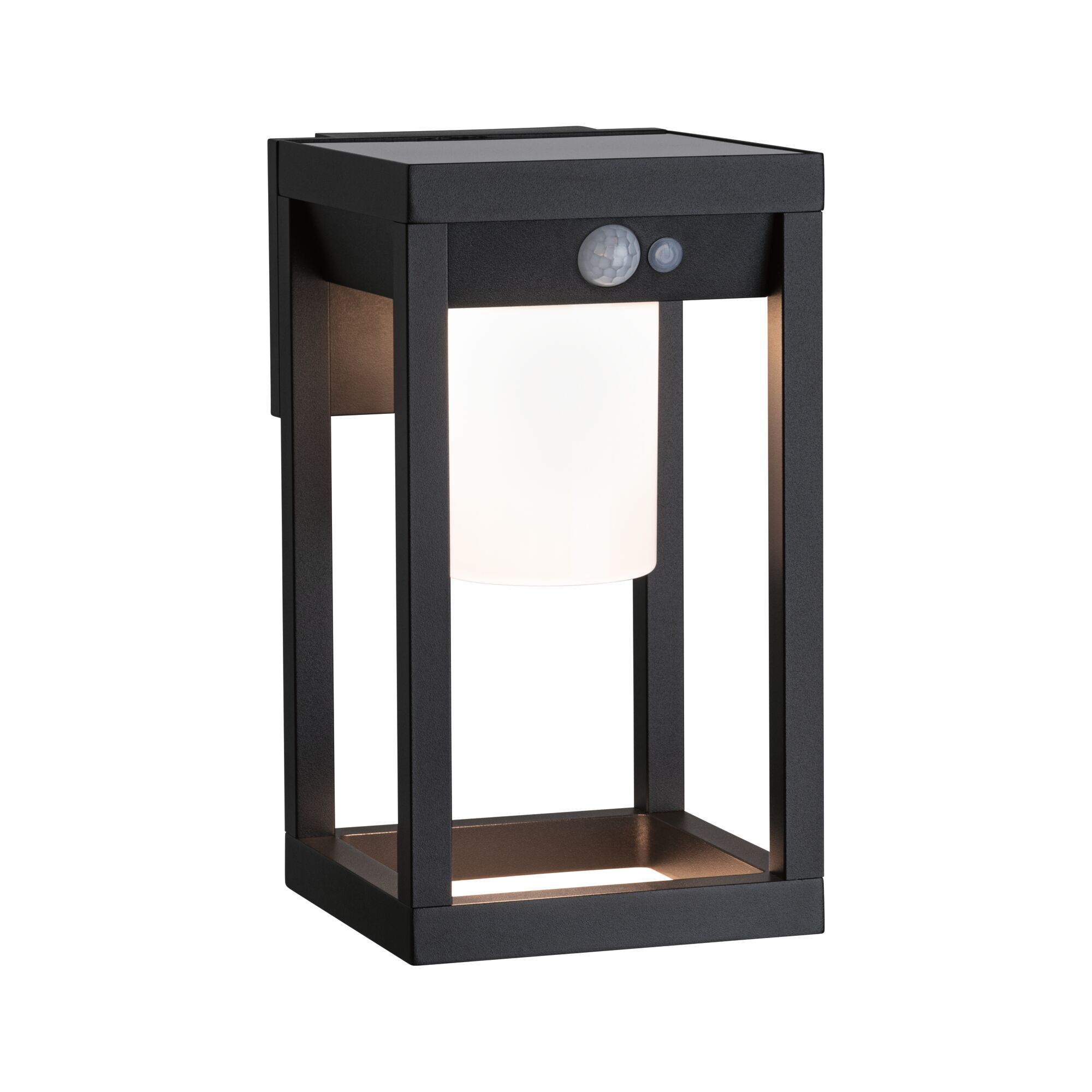 Black outdoor wall light in metal with white glass and motion sensor for garden lighting