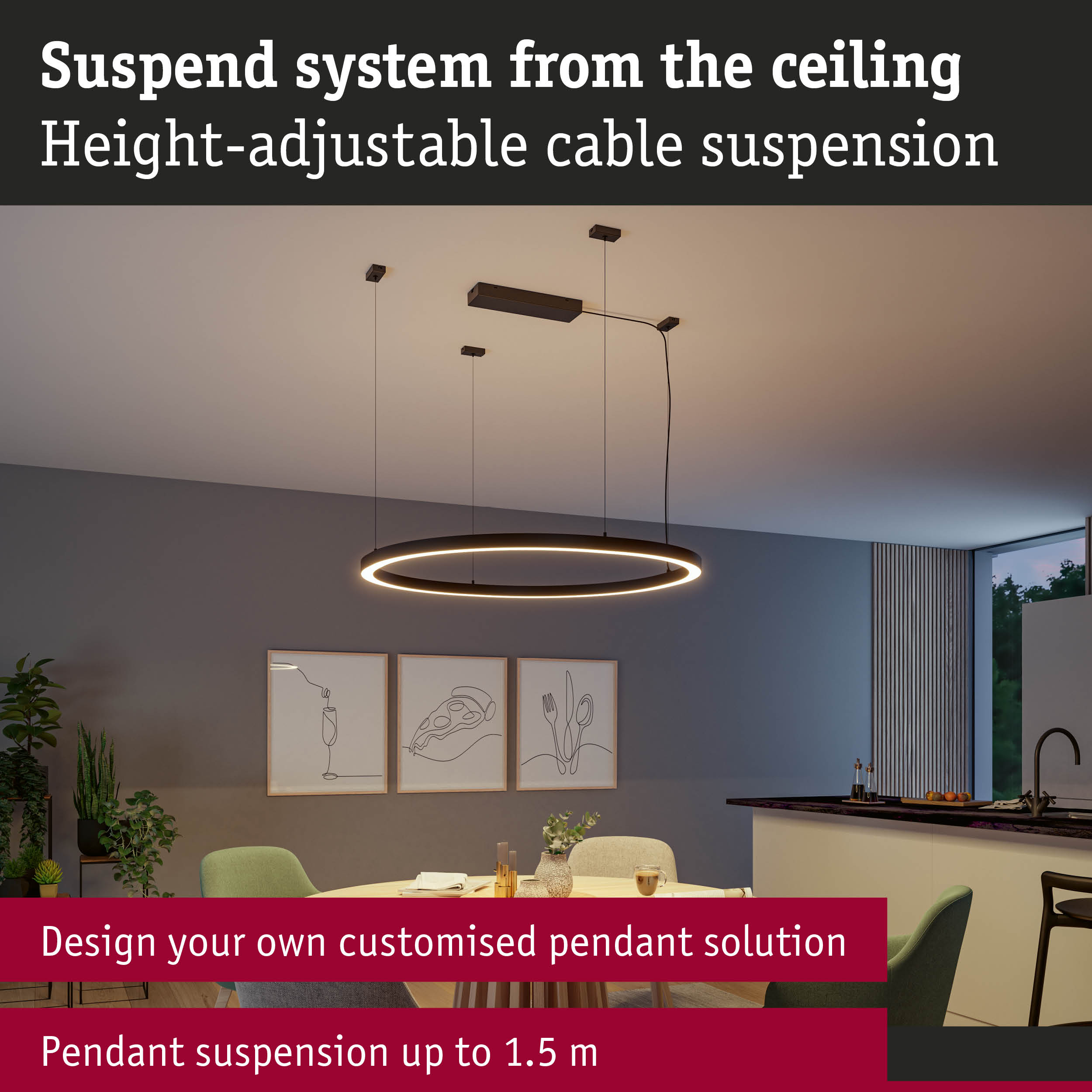 Height-adjustable black cable suspension system from ceiling for modern pendant lighting
