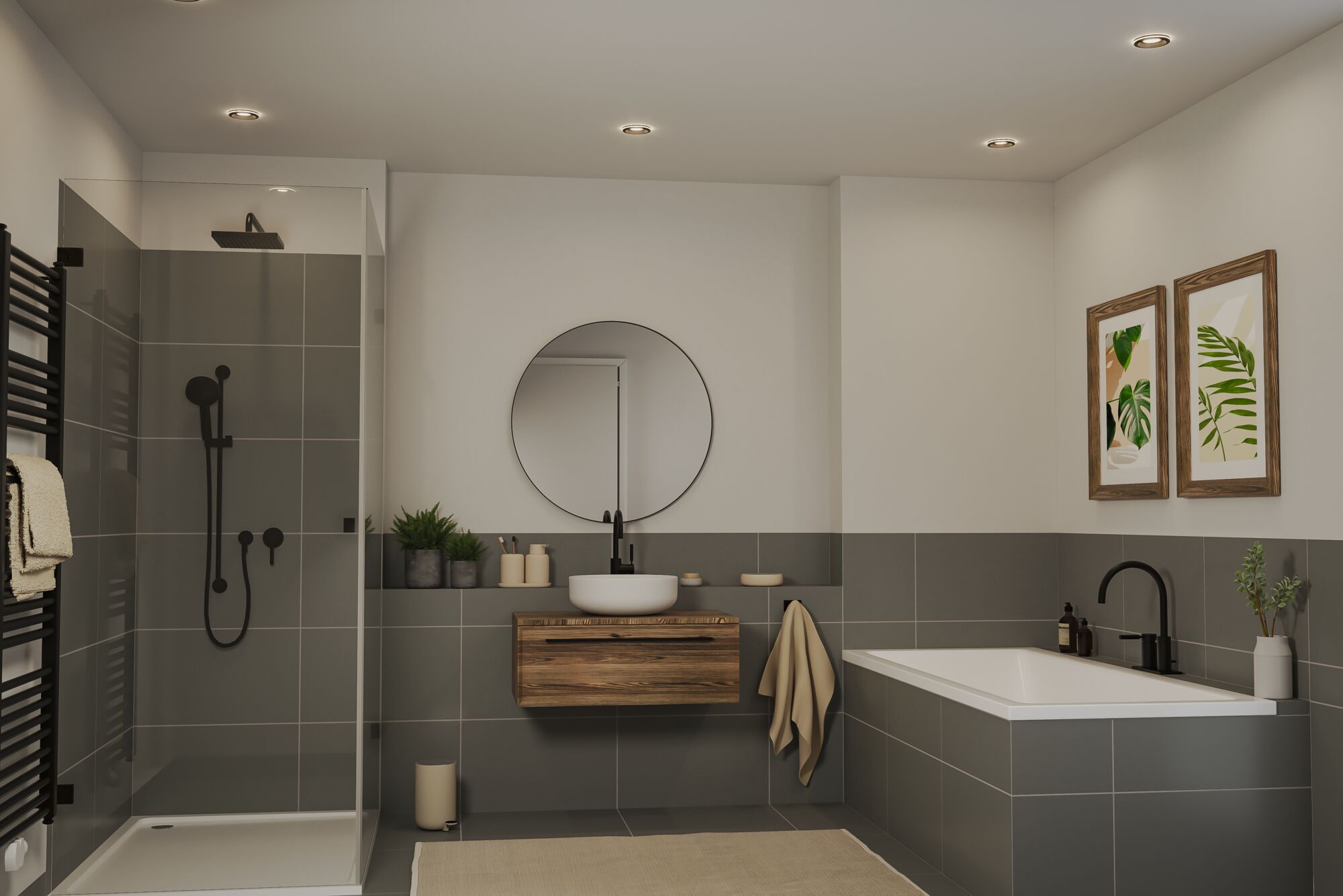 Modernes Badezimmer mit grauen Fliesen, Holz-Waschtisch, runder Spiegel und schwarzer Armatur, LED-Deckenstrahler.