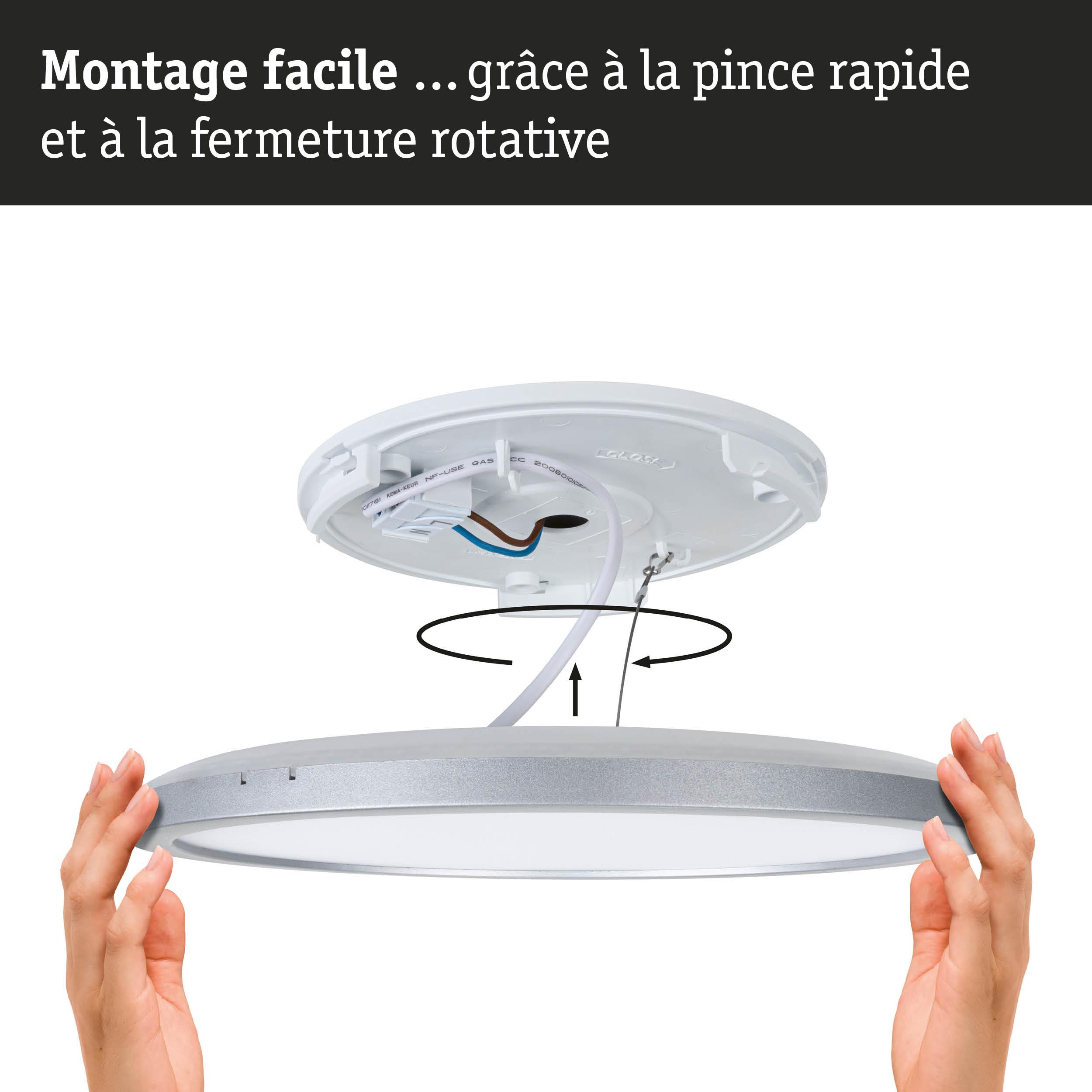Plafonnier à bord argenté et diffuseur blanc, montage facile avec pince rapide et fermeture rotative