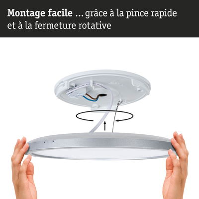 Plafonnier à bord argenté et diffuseur blanc, montage facile avec pince rapide et fermeture rotative