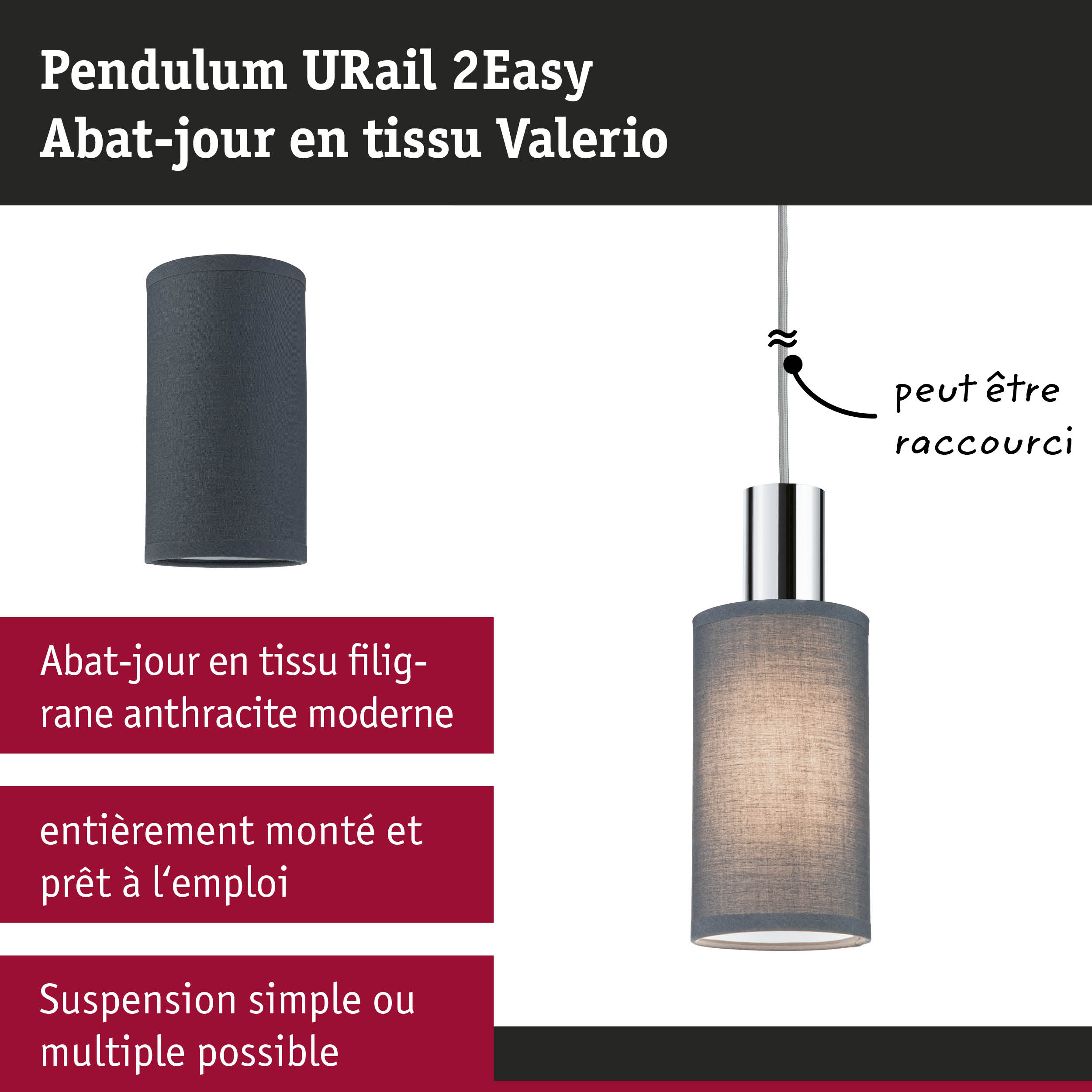 Suspension URail 2Easy avec abat-jour en tissu Valerio anthracite pour éclairage intérieur moderne
