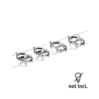 Spot à quatre lampes sur câble en chrome avec têtes LED blanches, éclairage sans ampoules.