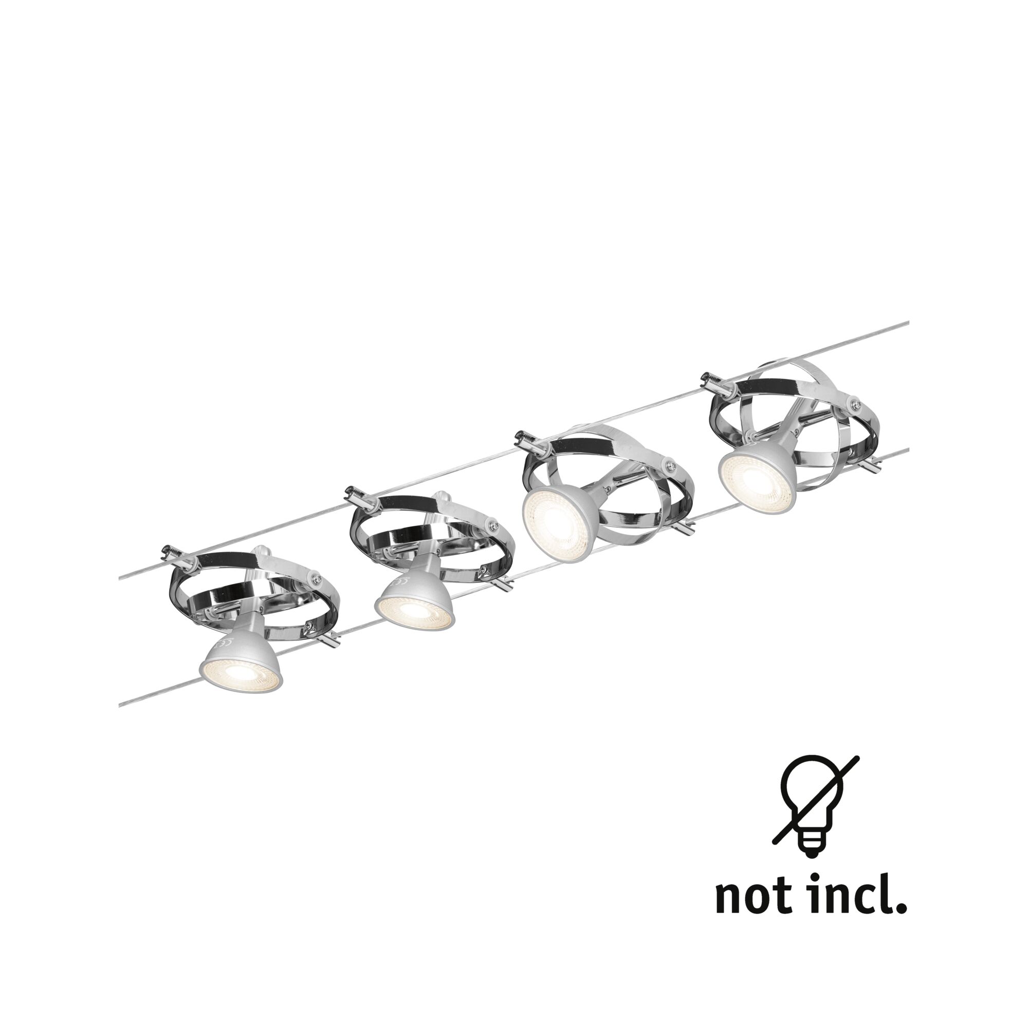 Four-light cable spotlight in chrome with white LED heads, lighting fixture without bulbs.