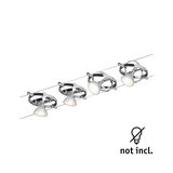 Spot à quatre lampes sur câble en chrome avec têtes LED blanches, éclairage sans ampoules.