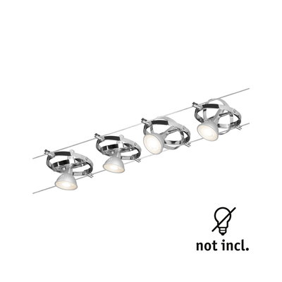 Four-light cable spotlight in chrome with white LED heads, lighting fixture without bulbs.