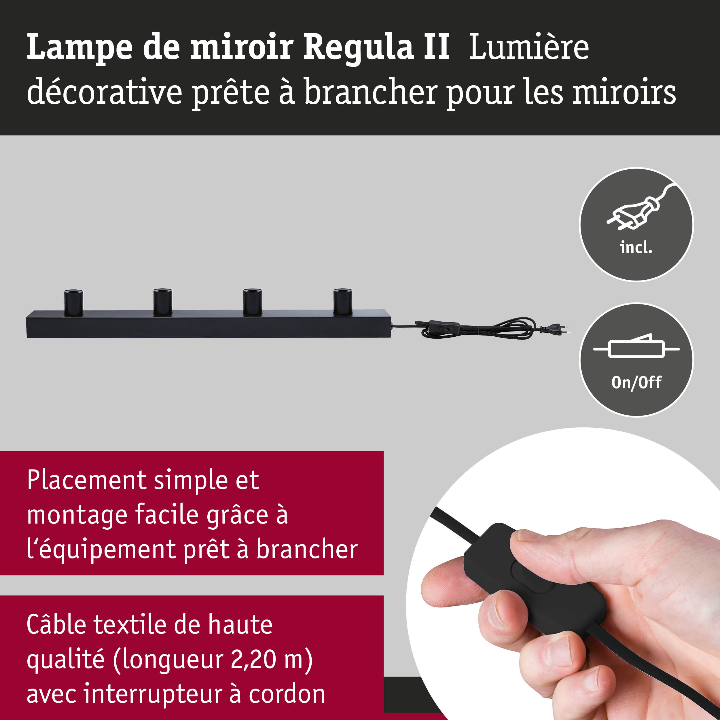 Lampe de miroir Regula II noire en métal avec câble textile et interrupteur pour éclairage de salle de bain