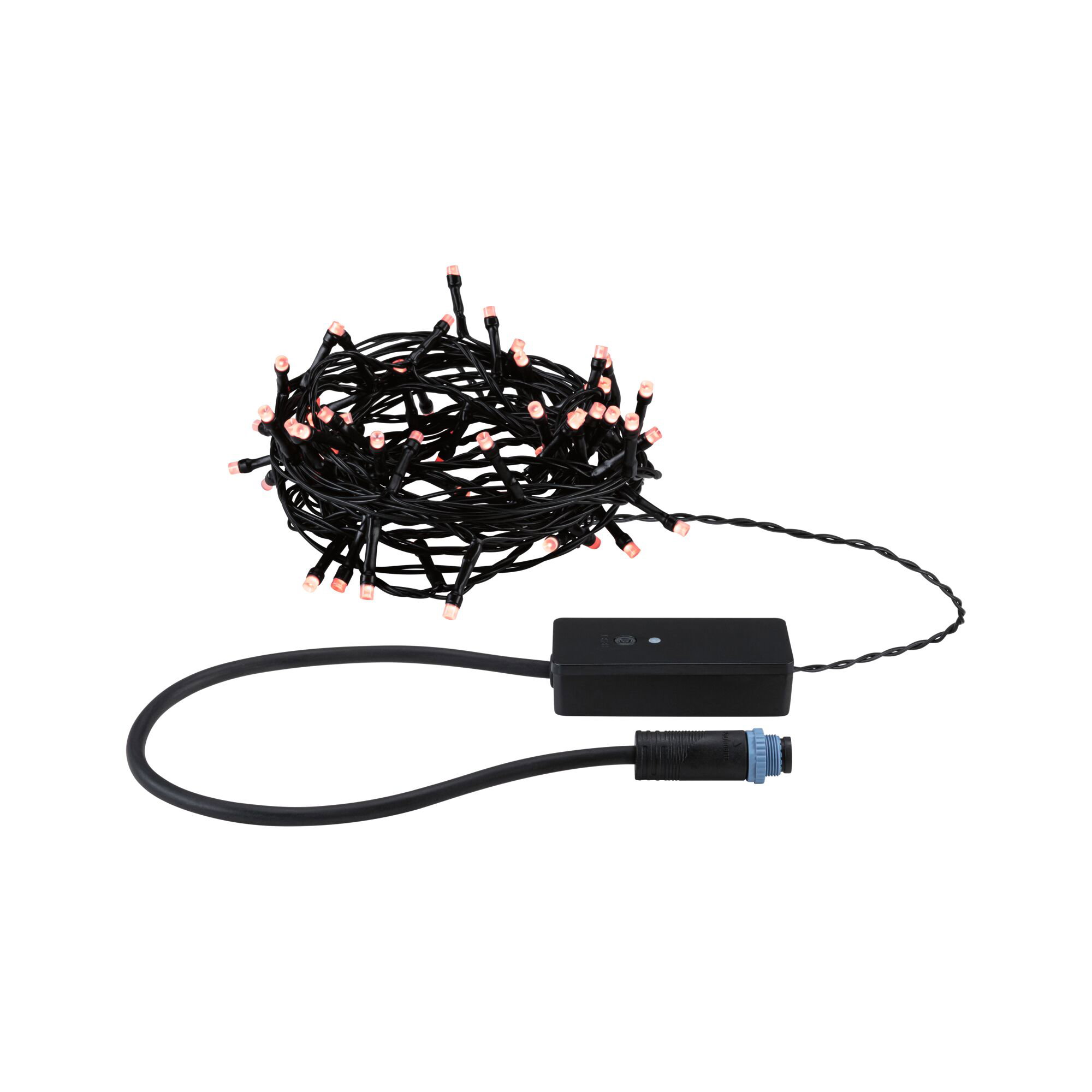 Schwarze LED-Lichterkette mit kleinen roten Leuchtpunkten und Steuergerät für Innen- und Außenbereich