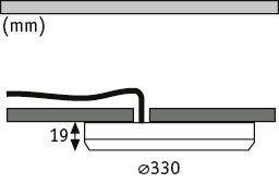 Technische Zeichnung einer flachen LED-Deckenleuchte mit 330 mm Durchmesser und 19 mm Höhe