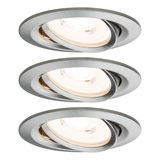 Three round recessed spotlights in brushed silver aluminum with warm white light for living spaces