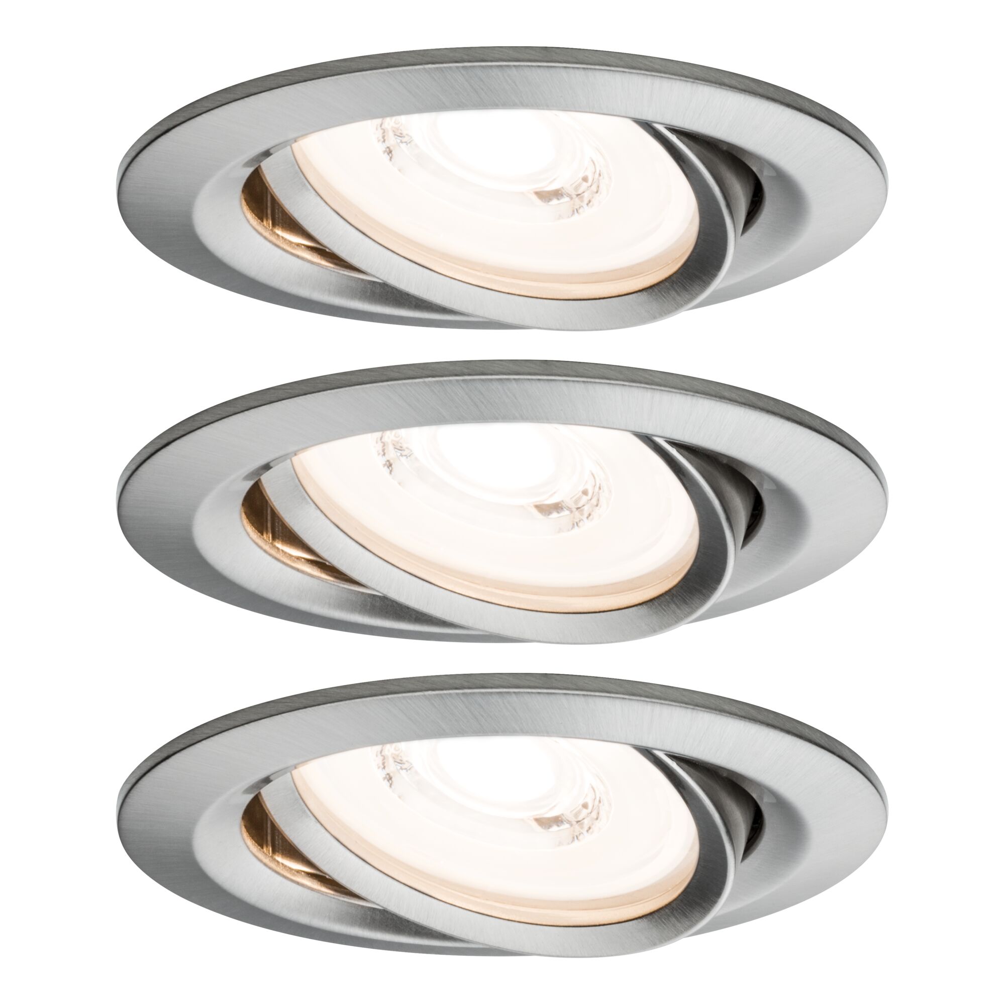 Premium LED Recessed luminaire Coin Basic Set Swivelling round 84mm 50° Coin 3x6,3W 3x430lm 230V dimmable 2700K Brushed iron Three round recessed spotlights in brushed silver aluminum with warm white light for living spaces