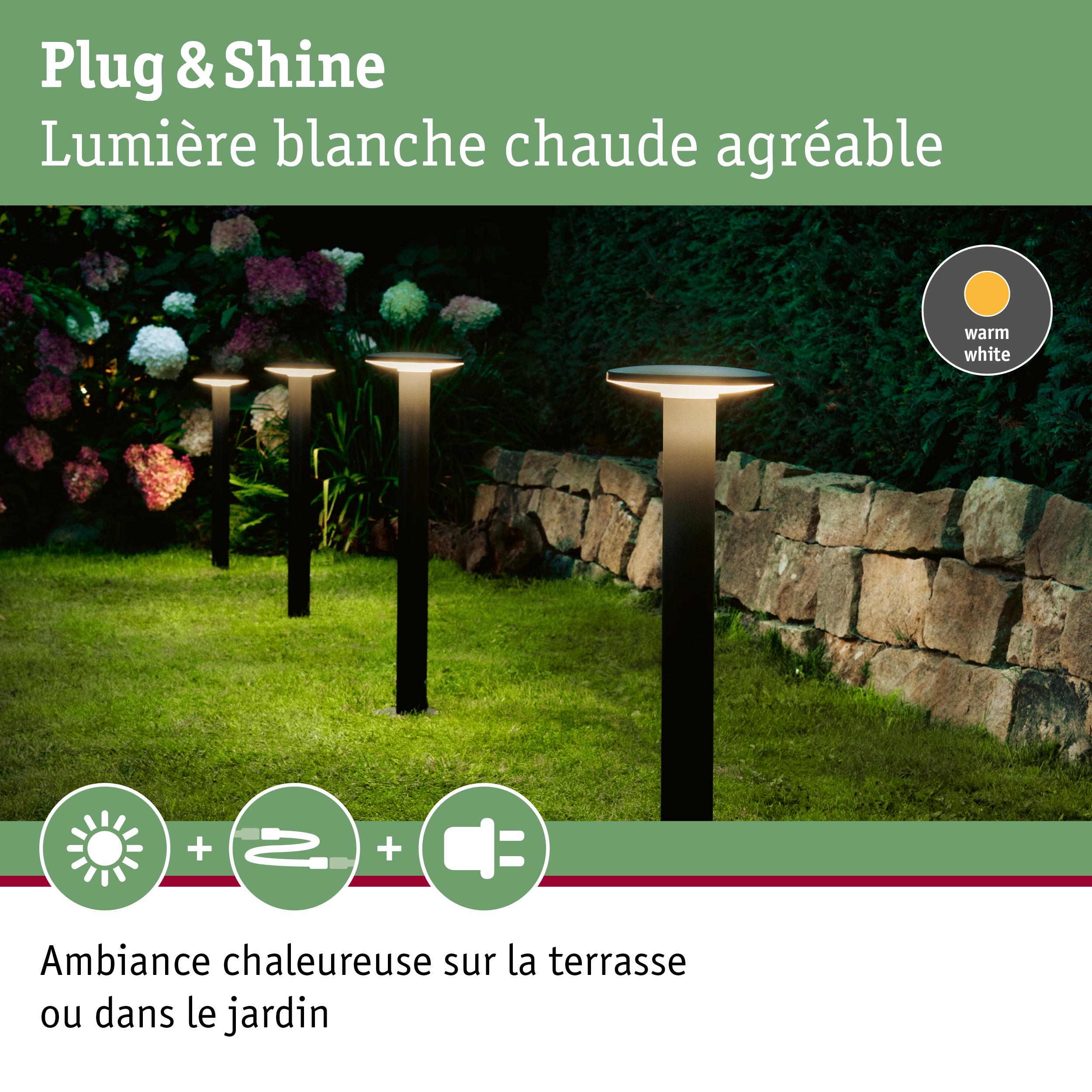 Lampes de jardin noires avec lumière blanche chaude sur pelouse près d’un mur en pierre pour ambiance extérieure