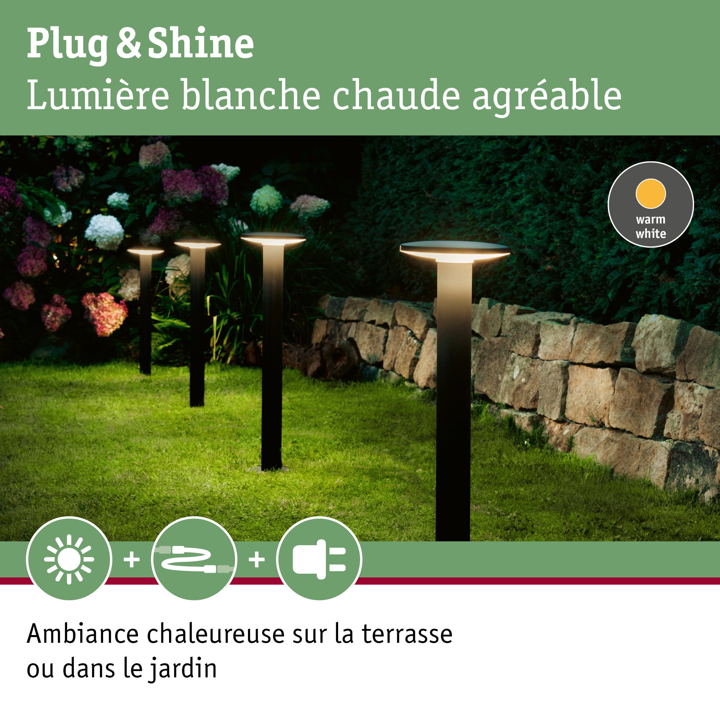 Lampes de jardin modernes avec lumière blanche chaude sur poteaux noirs pour éclairage extérieur d'ambiance