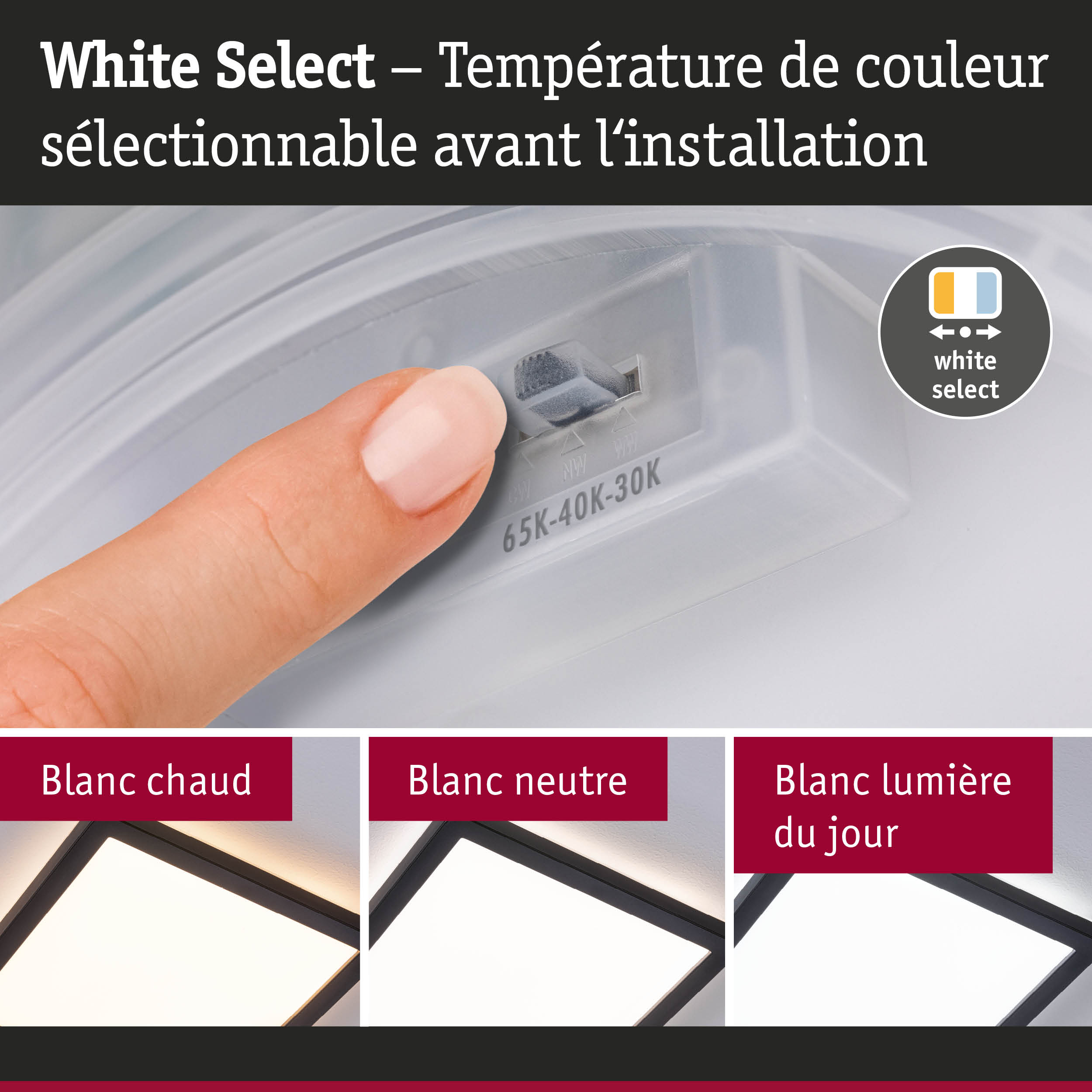 Doigt réglant la température de couleur d'une lampe LED blanche avec trois tons de lumière
