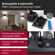 Black wall light with USB-C charging and replaceable battery for long burn time in bathroom