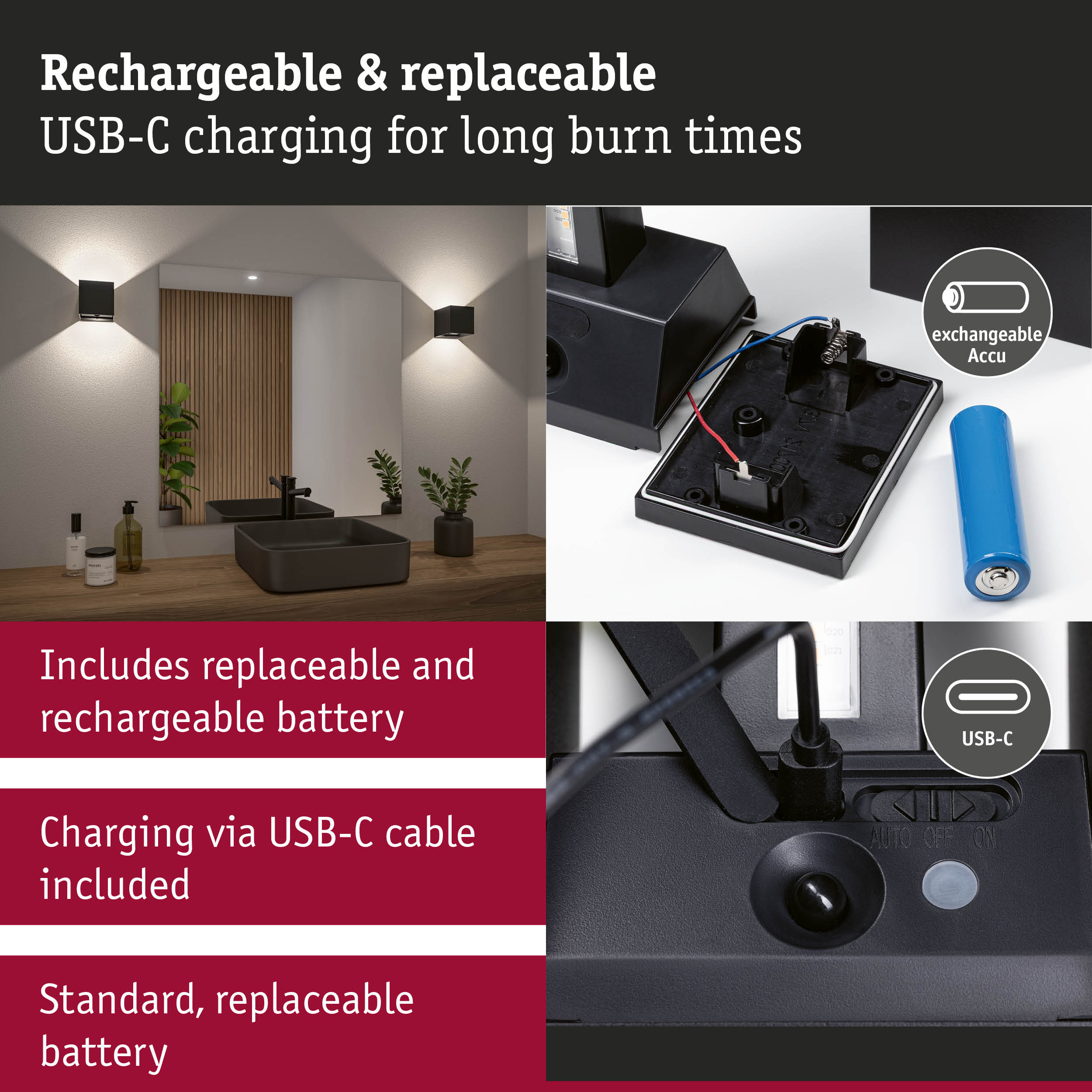 Black wall light with USB-C charging and replaceable battery for long burn time in bathroom