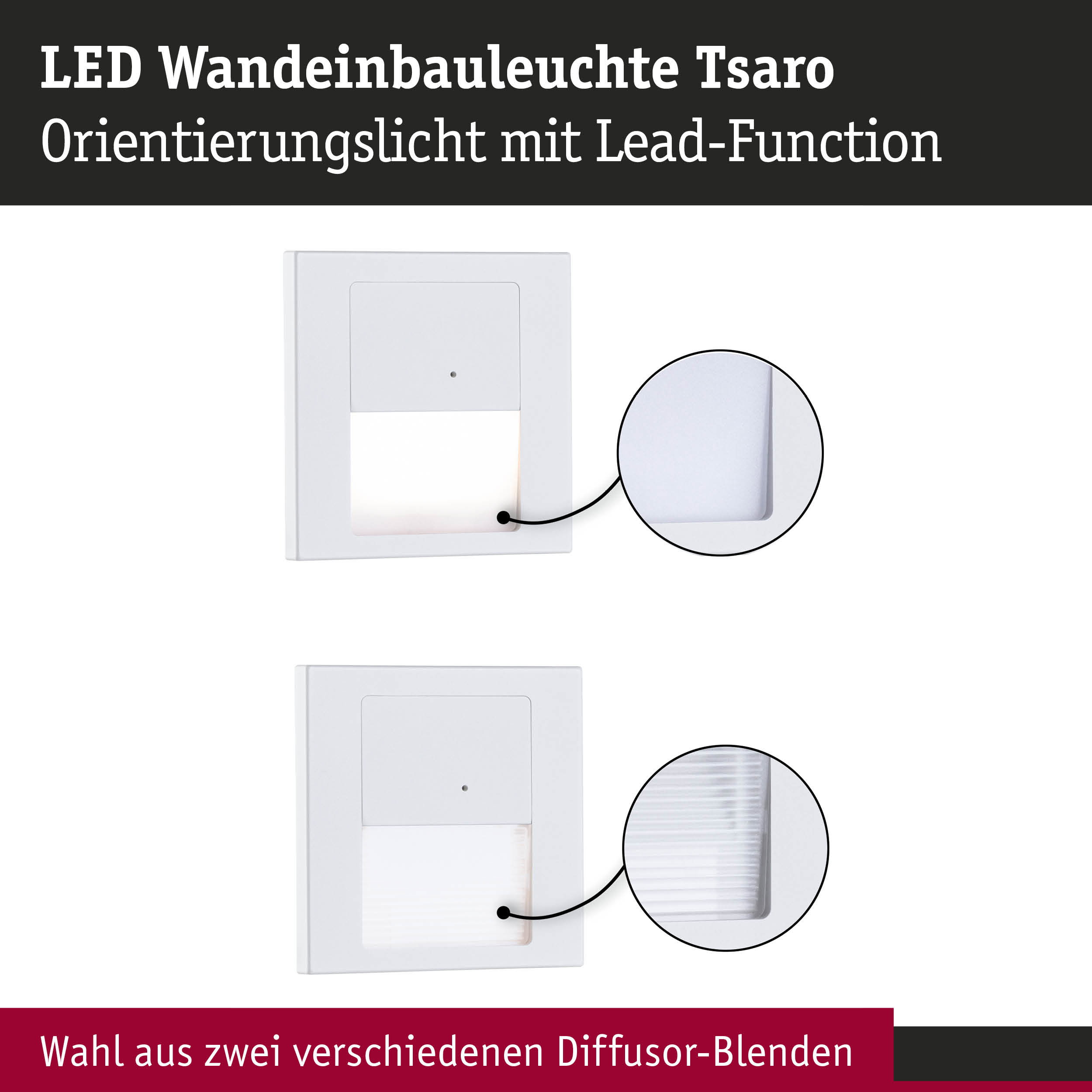 Weiße LED-Wandeinbauleuchte Tsaro mit zwei Diffusor-Blenden für orientierende Beleuchtung