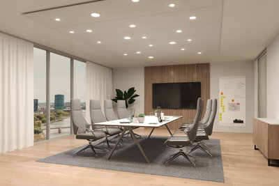 Modern conference room with grey office chairs and white table on grey carpet, LED ceiling lights
