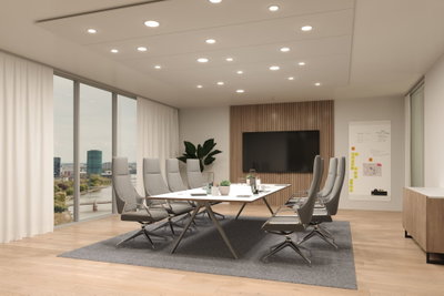 Modern conference room with grey office chairs and white table on grey carpet, LED ceiling lights