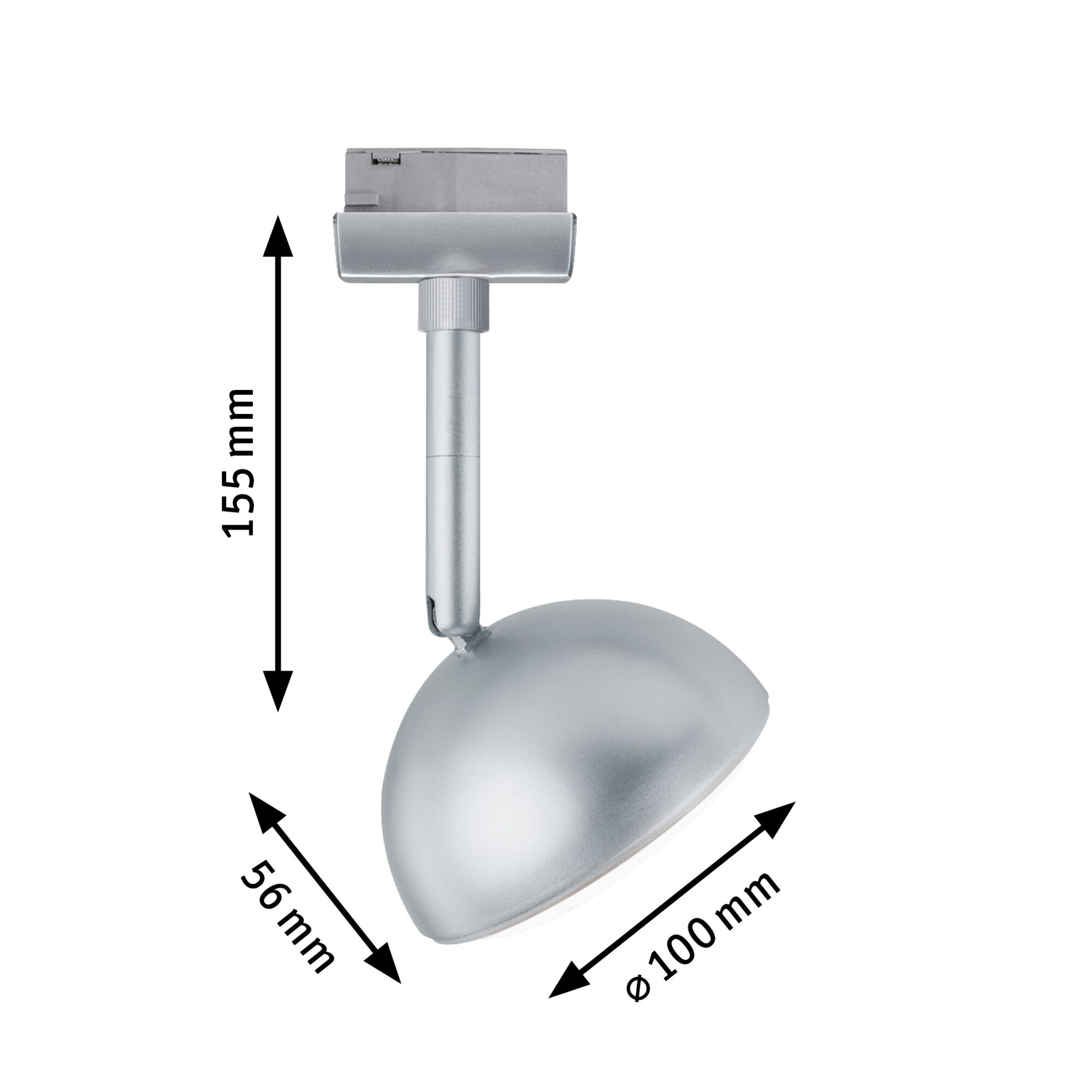 Spot LED en métal argenté de 155 mm de haut et 100 mm de diamètre pour systèmes sur rail