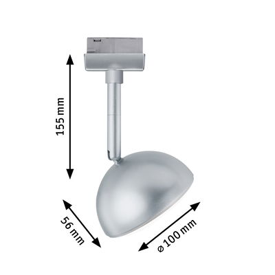 Silver metal LED spotlight with 155 mm height and 100 mm diameter for track lighting systems