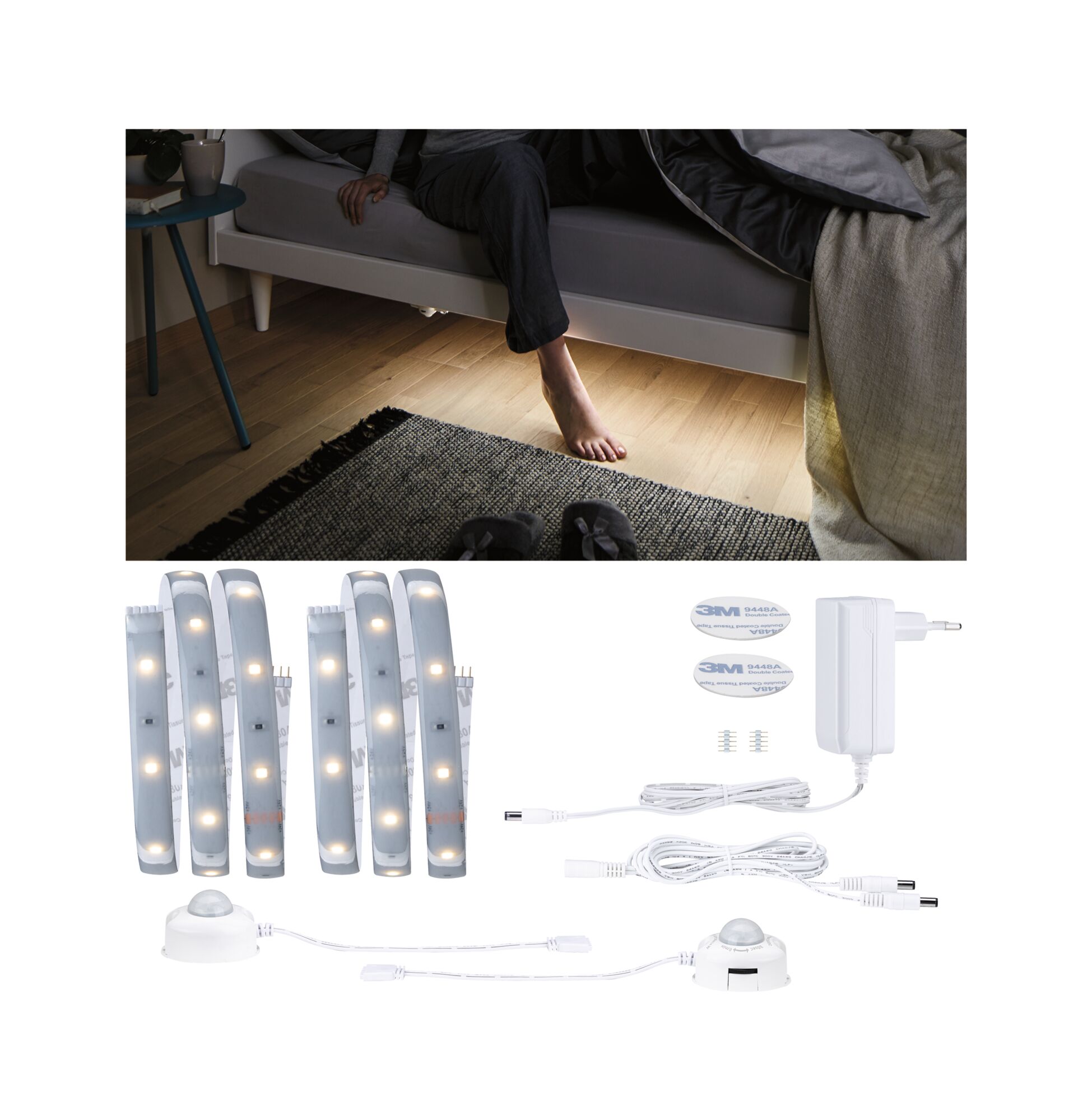 Éclairage LED sous le lit avec détecteur de mouvement et adaptateur, lumière blanche chaude pour chambre.